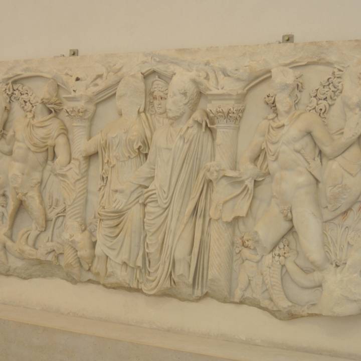 Sarcophagus with married couple and dioscuri image