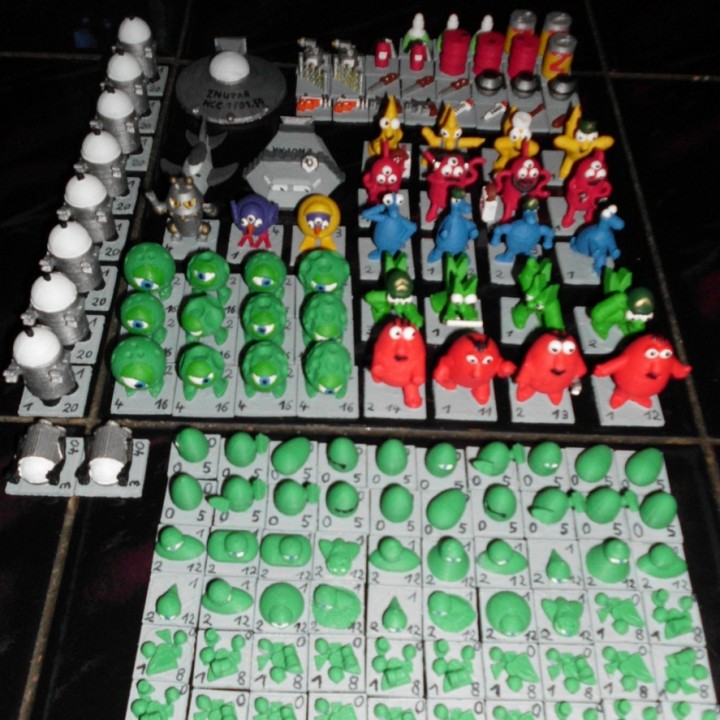 All cardboard counters of the boardgame "The awful green things from outerspace" as 3D figures image