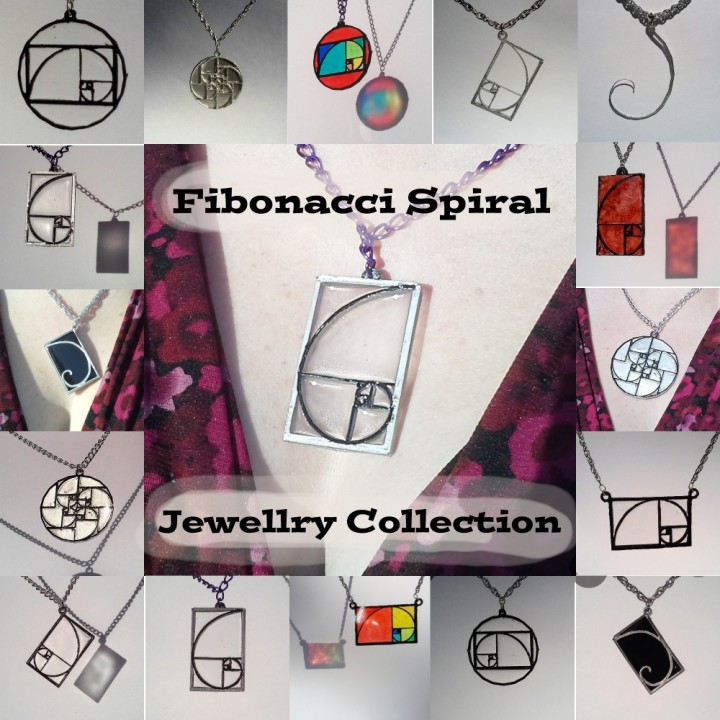 FIBONACCI SPIRAL COLLECTION of jewellery pendants for necklaces, earrings, bag tags and bracelets. The Golden Ratio and the Fibonacci Sequence. image