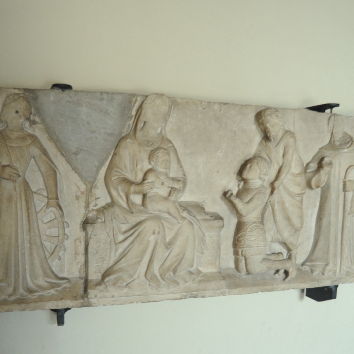 Front of a sarcophagus with saints image