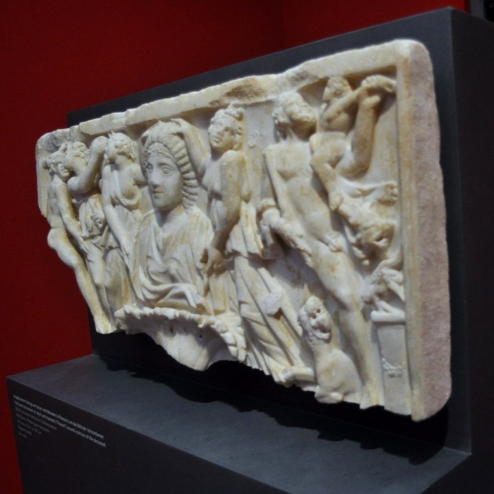 Relief with a portrait and procession of satyrs and maenads (Thiasus) image