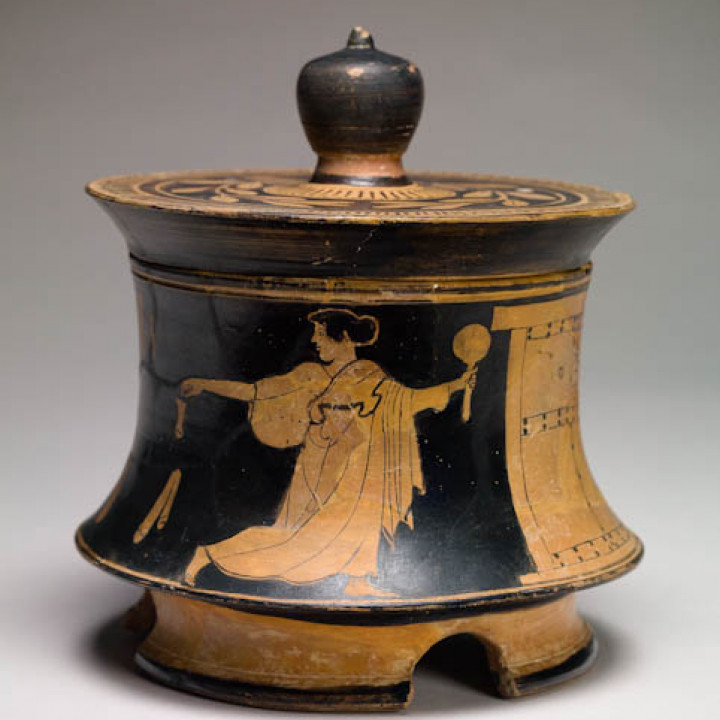 Cylindrical box (pyxis) with a domestic scene image