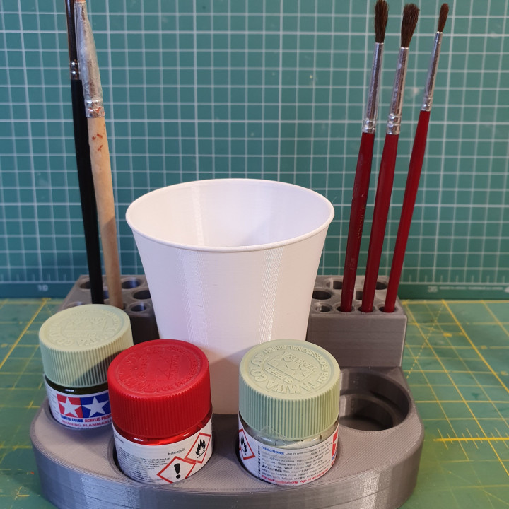 Brush, cup and Tamiya 10ml acrylic paint holder for scale modelers image