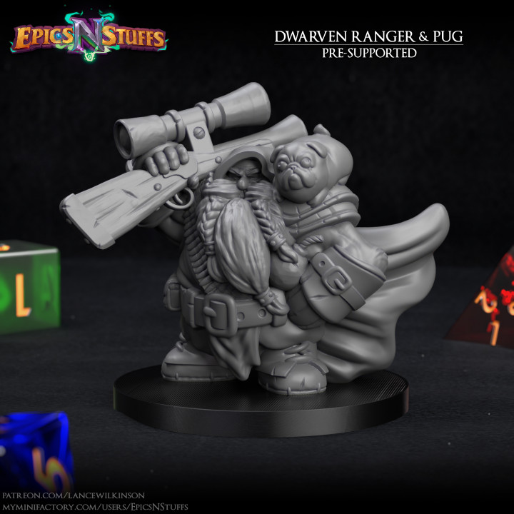 Dwarven Ranger wGun and Pug familiar Miniature - pre-supported image
