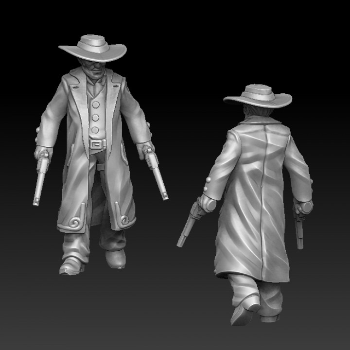 3D Printable Wild west cowboy gunslinger walk with dual guns by